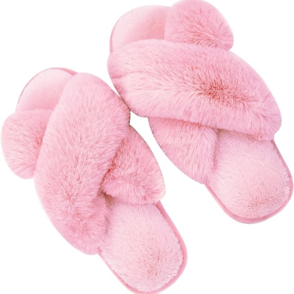 Metog Women's Fuzzy Slippers House Slippers Cross Band Slippers LG 9-10